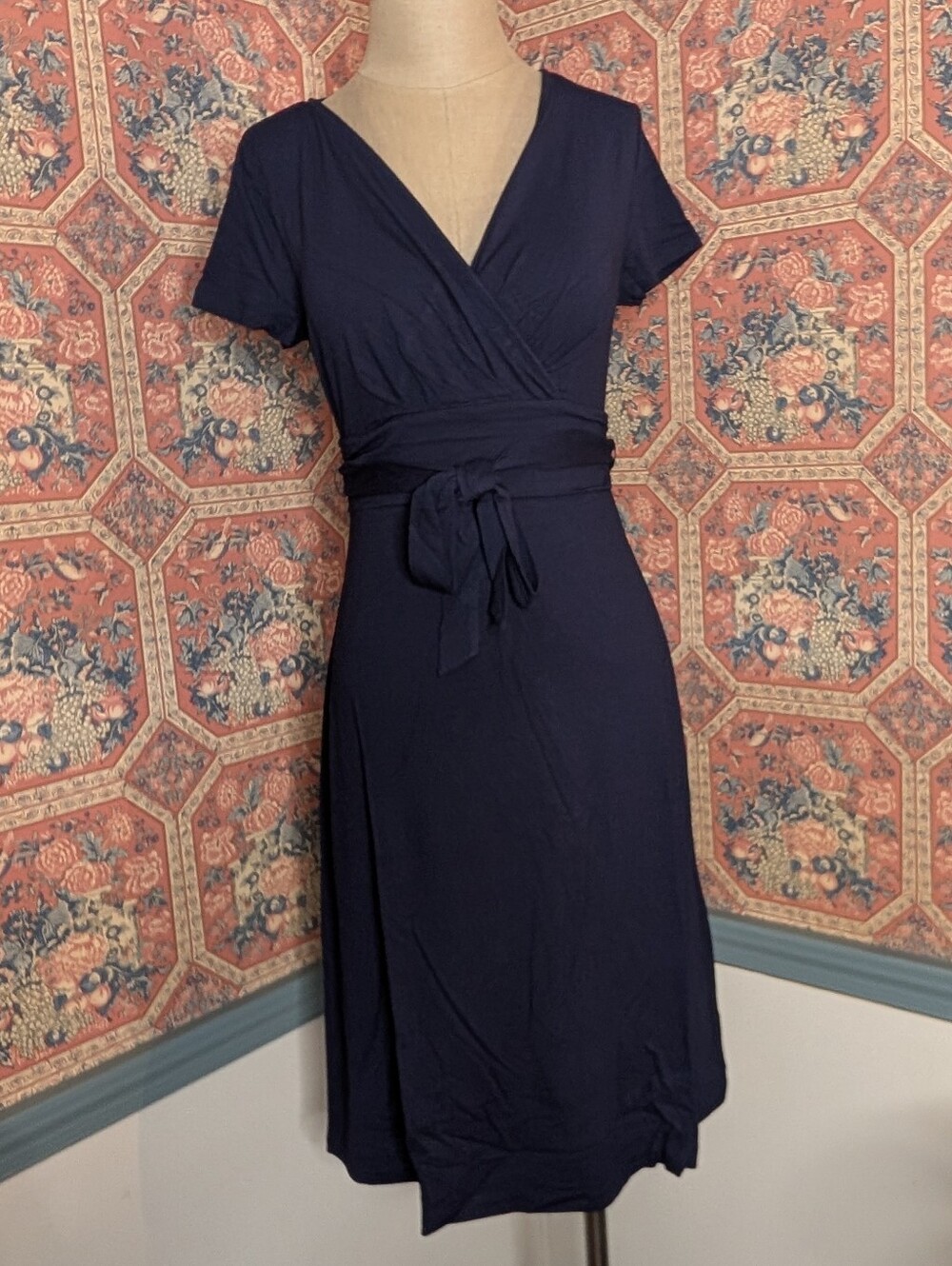 Talbots Navy Wrap-Style Midi Dress with Tie Waist